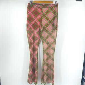 UO The Ragged Priest Reveller multi-plaid sheer mesh pull on flare hi rise pants